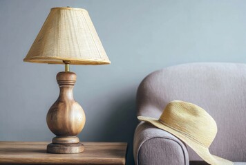 Lamp on wooden side table next to beige chair with straw hat, on a gray wall in a room
