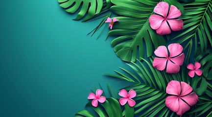 pink flowers background,Vibrant tropical flowers and lush green leaves on a blue background