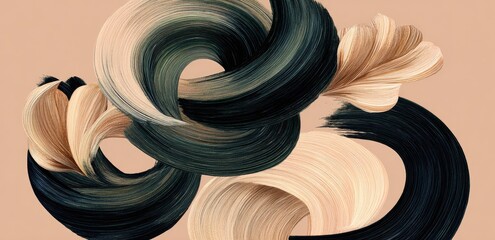 Abstract swirls of  light beige and dark teal paint strokes on a peach background
