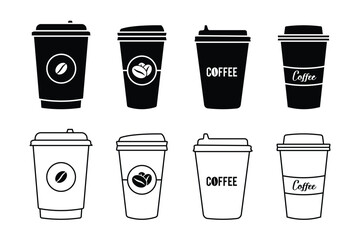  paper Coffee cup icons. Disposable coffee cup. Coffee paper cup, plastic container for hot and cold drink, juice, tea. Vector illustration . eps 10