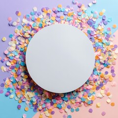 Blank white circle surrounded by colorful confetti on a pastel background