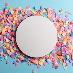 Blank white circle amidst colorful confetti on light blue background