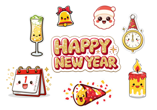 Cute Cartoon Happy New Year Celebration Themed Sticker Collection