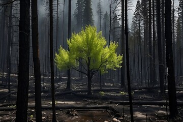 Fototapeta premium Green Tree Amidst Burnt Forest, Resilience in Nature