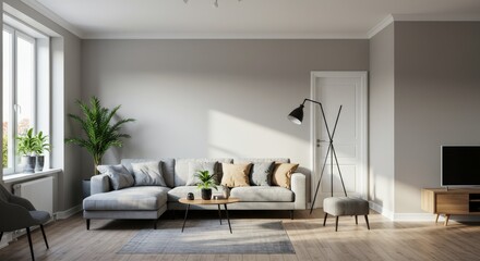 Modern Living Room Interior with Sofa Plants and Lamp.