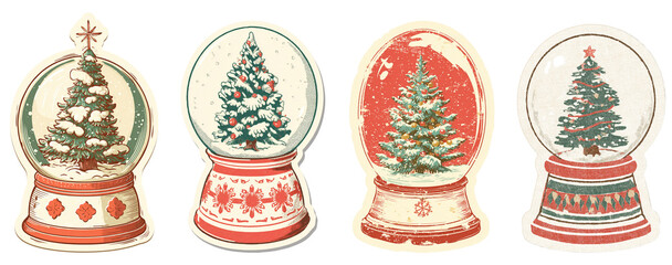 Retro Christmas Snow Globe Stickers Set with Evergreen Trees