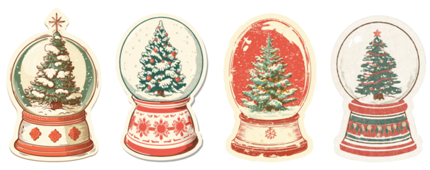 Retro Christmas Snow Globe Stickers Set with Evergreen Trees