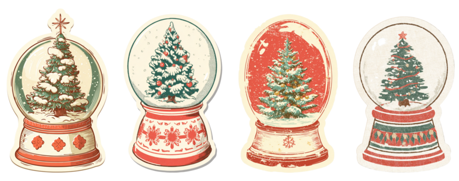 Retro Christmas Snow Globe Stickers Set with Evergreen Trees