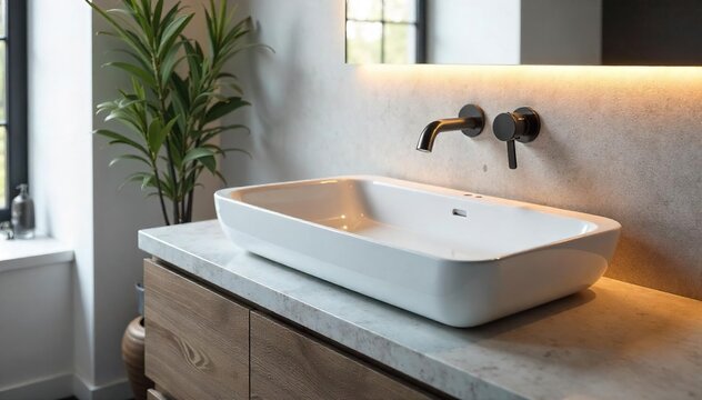 Sleek, modern horizontal sink installed in a minimalist bathroom  The clean lines and subtle curves create a sophisticated look  Perfect for contemporary design schemes ,  plumbing,  horizontal