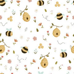 Cartoon doodle cute bees vector seamless pattern. Cute seamless pattern with flying bees, flowers and honey on a white Background children's print for textiles.