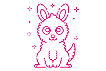 Fuchsia rabbit with a fluffy outline stands centered amid dots and crosses on a white background