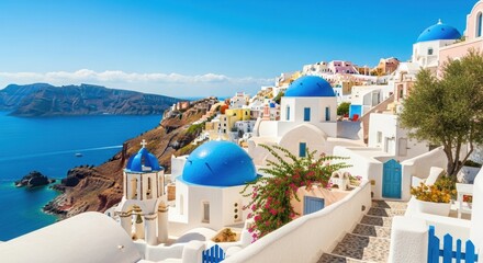 Fototapeta premium Santorini white houses with blue domes overlooking the Aegean Sea under clear sky