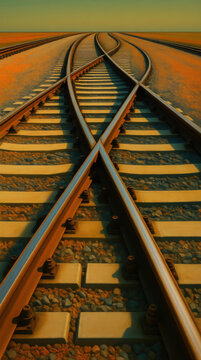 Railroad tracks diverging and converging under golden light railway junction