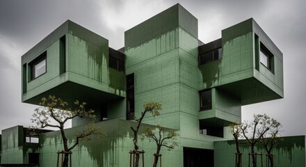 Modern green concrete building with unique geometric architecture under cloudy sky