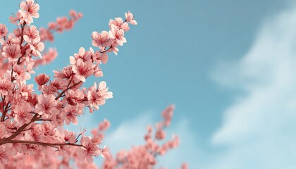 Delicate pink blossoms extend against a soft, dreamy blue sky with wispy clouds, evoking spring. Branch details add depth to the serene view