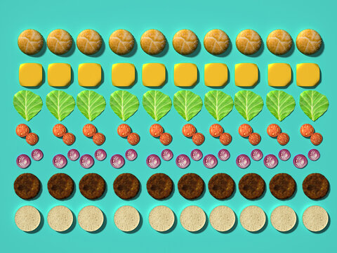 3D rendered hamburger components sorted in rows on blue background