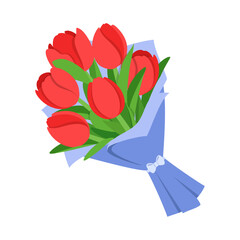A bouquet of red tulips wrapped in blue paper with a white ribbon tied around it illustration