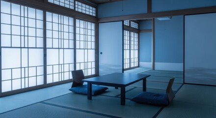 Traditional Japanese tatami room with shoji screens and minimalist interior design