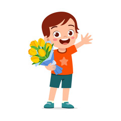Happy Boy Holding a Bouquet of Tulips and Waving Hand with a Big Smile Illustration