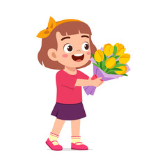 Cute Little Girl Holding Bouquet of Yellow Tulips Smiling Cartoon Illustration