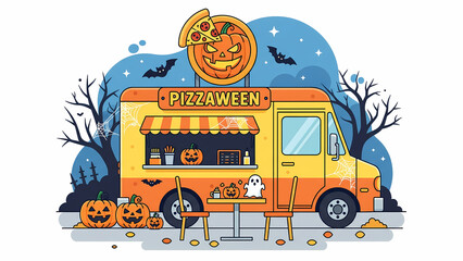 A vibrant, Halloween-themed food truck flat cartoonish illustration.
