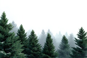 Obraz premium Misty pine forest landscape with snow-covered trees and foggy atmosphere