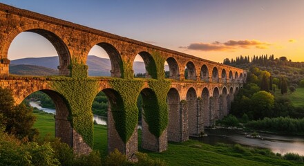 Obraz premium Ancient stone aqueduct with ivy at sunset in scenic countryside landscape