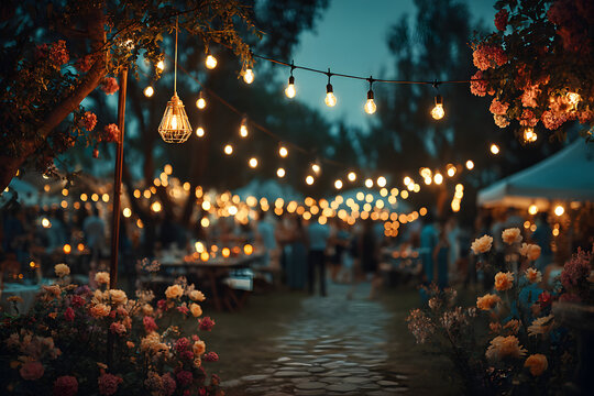 Decorative outdoor string lights hanging on electricty post in the garden at nght time with blur people.Christmas,festival, holida and wedding concepts.