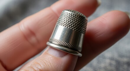 Close-up of metal thimble held between fingers