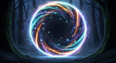 A vibrant swirling energy portal with glowing multi-colored light and sparks stands in a mystical dark forest with large trees and visible roots on the ground