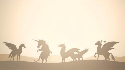 Fototapeta premium Silhouettes of Pegasus unicorn and winged creatures on a sandy surface under a cream colored sky