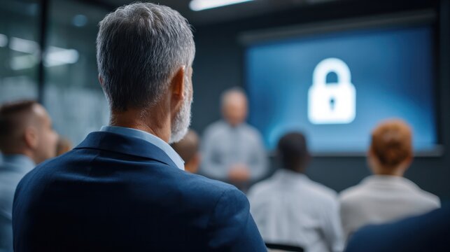 Security awareness training session corporate office presentation modern environment attendee perspective data protection insights