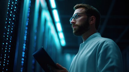 Data analysis action by scientist in tech lab digital environment close-up perspective innovative concepts