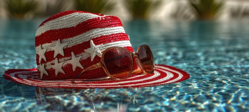 The sunhat with patriotic stars and sunglasses floating on a sparkling summer pool surface