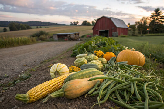 An autumn harvest of ripe orange pumpkins, corn, bottle gourd, turai and leafy greens on a farm
