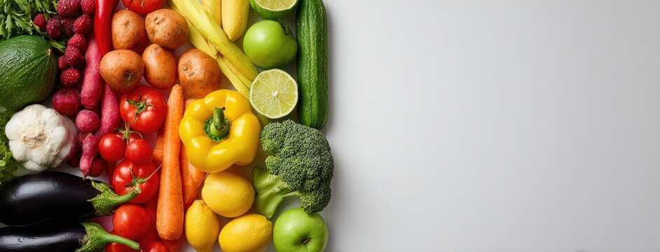 Fresh fruits and vegetables arranged in a rainbow gradient on white background, leaving space for text