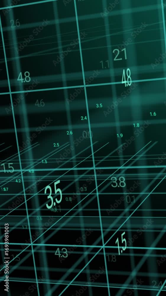Aufkleber animation of data processing over layers of 3d grids moving on black background