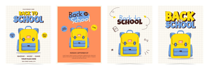 Colorful back to school posters set with school backpack and other. Vertical template for event flyers, invitations and promotions. Vector illustration
