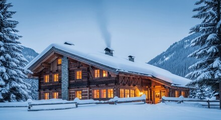 Fototapeta premium Cozy wooden cabin with warm lights in snowy mountain winter landscape