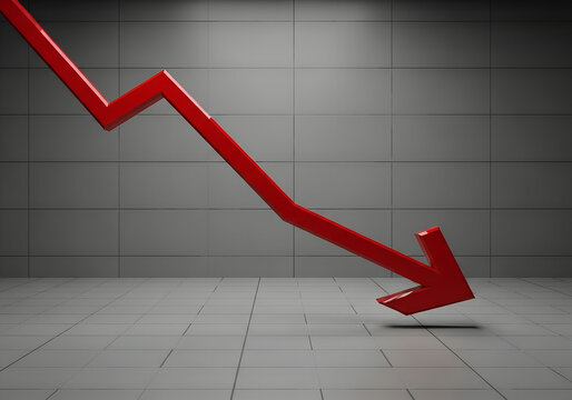 Red arrow pointing downwards symbolizes financial loss or economic downturn on a tiled background