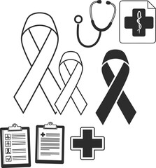 Medical Awareness Ribbon Outline Filled Icon with Healthcare Props