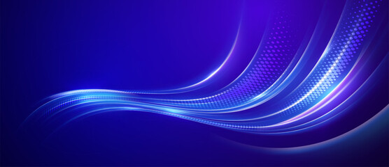 Fluid, glowing light streaks on a dark blue background
