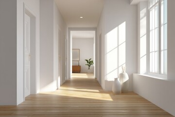 airy hallway interior with sunlight, wooden floor, white walls, minimal bright aesthetic