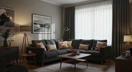 Modern Living Room Interior with Gray Sofa and Colorful Pillows.