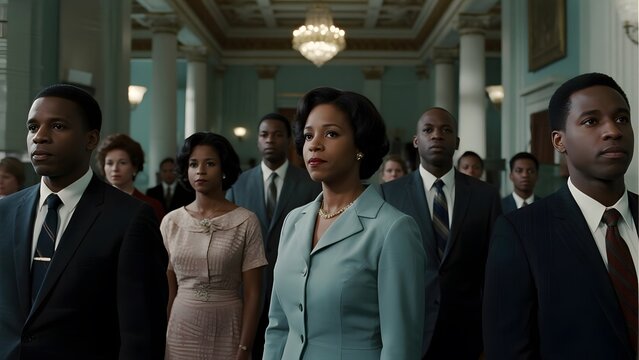 Group of formally dressed individuals standing in a grand, historic interior space