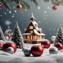 Miniature Christmas House with Snow Decorations and Ornaments