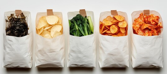 Variety of dried fruits and vegetable chips arranged in paper bags against white background