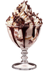 Luxurious ice cream sundae in a delicate glass with chocolate and whipped cream transparent background