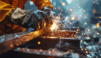 A skilled welder in protective gloves works on a metal beam, creating a shower of bright sparks in a workshop.