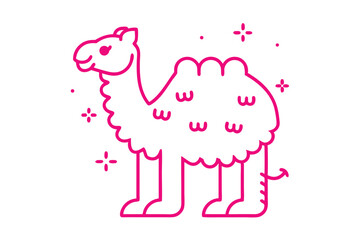Outline of magenta camel with curly fur stands calmly under small star shapes